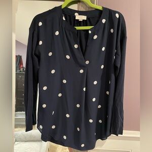 LOFT navy long sleeve poka dot blouse